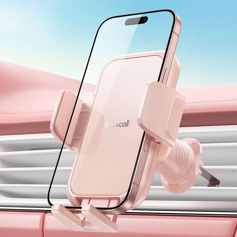 Lamicall 2025 Wider Clamp & Metal Hook Car Phone Holder Vent [Thick Cases Friendly] Phone Holders for Your Car Mount Automobile Hands Free Cradle Air Vent for iPhone 17 16 15 14 13 Pro Max Pink - Image 1